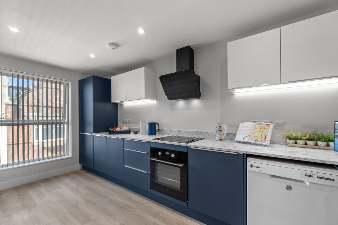 Fully fitted blue kitchen